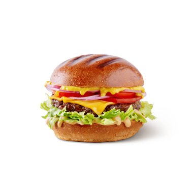 Hamburger with pork cutlet, lettuce, onion, tomatoes, cheese and sauce on a white background
