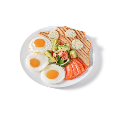 Fried toast bread with salmon slices, avocado, cucumbers, sesame seeds, tomatoes, fried egg and butter with parsley on a white background