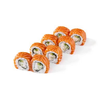 Rolls with salmon, Philadelphia cheese, cucumber, eel and avocado in a plate on a white background