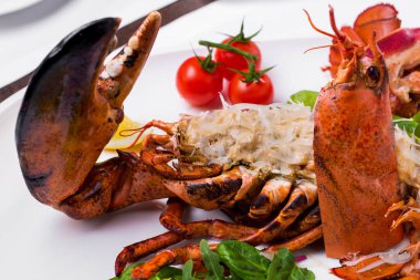 Fırında pişirilmiş yarım peynirli ve kremalı ıstakoz. Yakında bir tutam vişneli domates ve roka ve marul salatası var. Yemek beyaz bir tabakta: yuvarlak. Tabak beyaz bir masa örtüsünün üzerinde, yanında bir bardak beyaz şarap ve Cutle var.