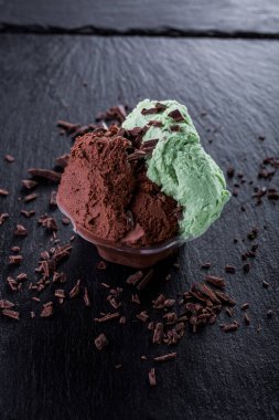 Balls of vanilla and chocolate ice cream with chocolate pieces on a stone background. Vertical orientation