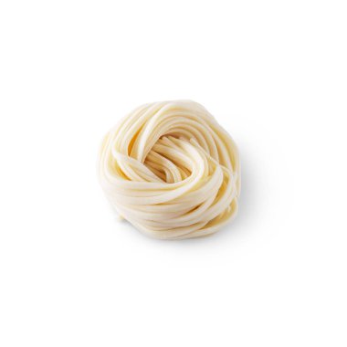 Curled noodles on a white background
