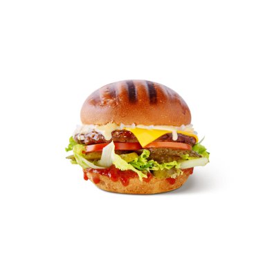 Hamburger with sauce, pork cutlet, salad, pickled cucumbers, tomatoes, cheese and onions on a white background