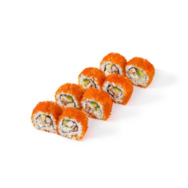 Rolls with eel, Philadelphia cheese, cucumber, tobiko caviar and avocado on a white background