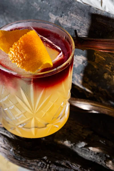 Cocktail Ice Orange Peel Syrup Glass Steamed Wooden Stick — Foto Stock