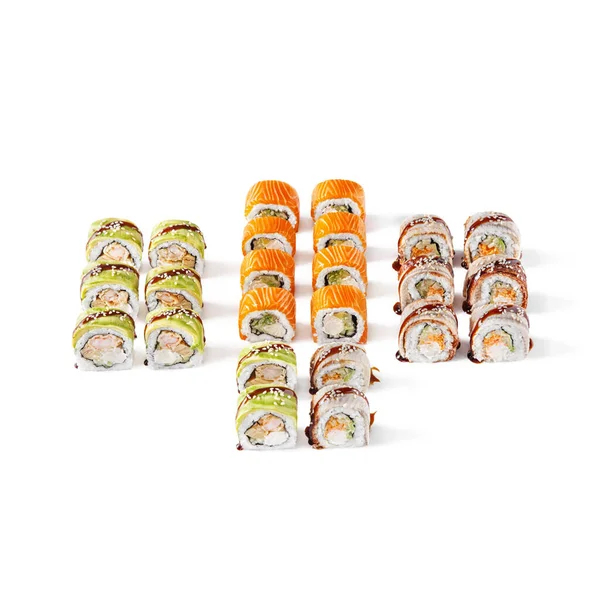 Assorted different rolls, with salmon, shrimps, sesame seeds, eel, avocado, tobiko caviar, cucumbers, omelet, on a white background
