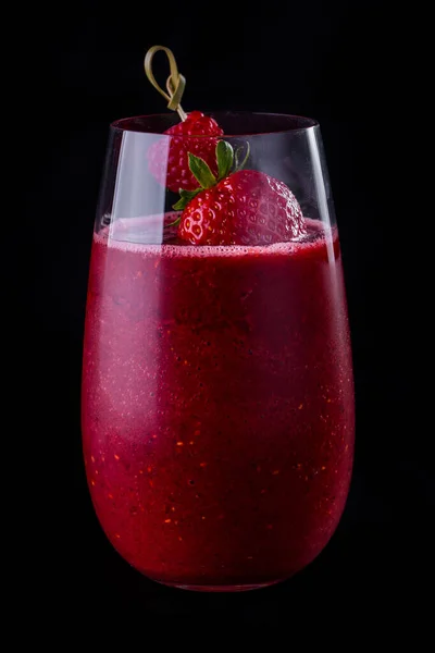 Strawberry Smoothie Tall Transparent Glass Strawberries Skewer Glass Black Background —  Fotos de Stock