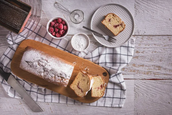 Sweet White Bread Sliced Pieces Powdered Sugar Raspberries Lying Wooden —  Fotos de Stock