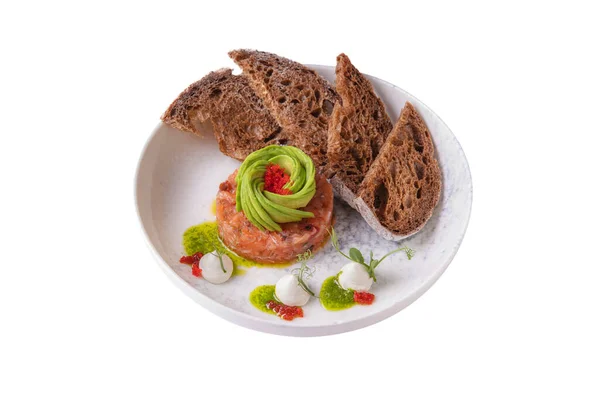 Bread Avocado Slices Tobiko Caviar Sour Cream Pea Sprouts Salmon — Foto Stock