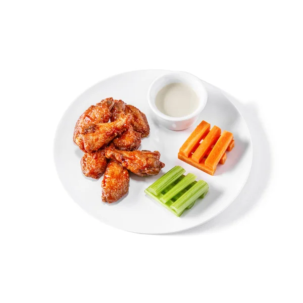Fried Wings Rhubarb Carrot Sauce Plate Sauce Bowl White Background — Stockfoto