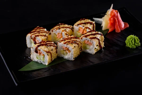 Rolls Shrimps Sesame Seeds Avocado Philadelphia Cheese Cucumber Plate Wasabi — Foto Stock