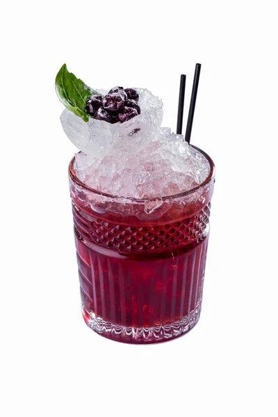 Cocktail Ice Basil Cranberries Straws Glass White Background — Stockfoto