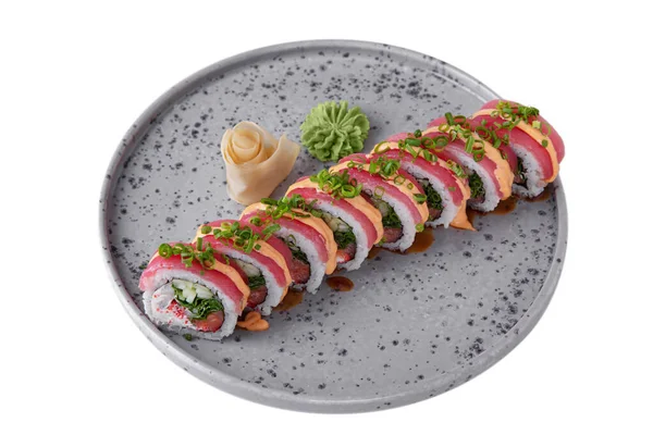Rolls Tuna Rice Sauce Onion Flying Fish Caviar Sesame Seeds — Stock fotografie