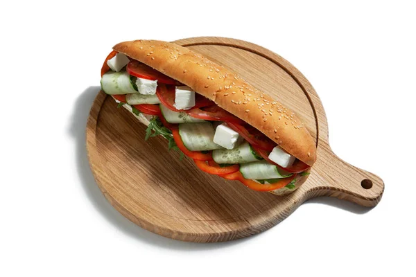 Sandwich Sesame Seeds Mozzarella Tomatoes Cucumber Pepper Rucola Butter Wooden — ストック写真