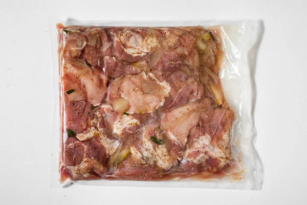 Vacuum Packed Raw Marinated Meat Onions Peppers Salt White Background — ストック写真