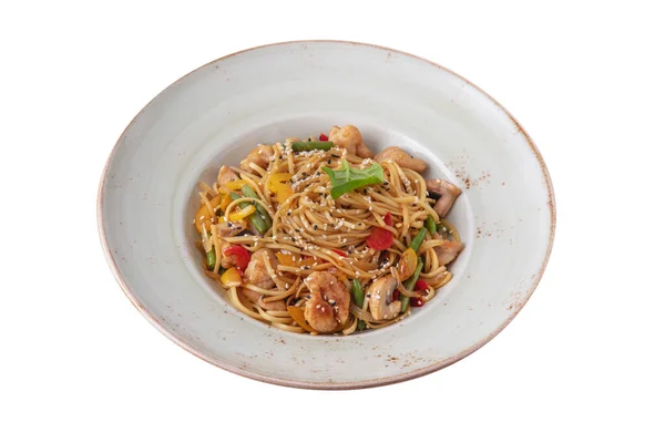 Spaghetti Shrimps Sesame Seeds Mushrooms Peppers Tomatoes Asparagus Beans Plate — 图库照片