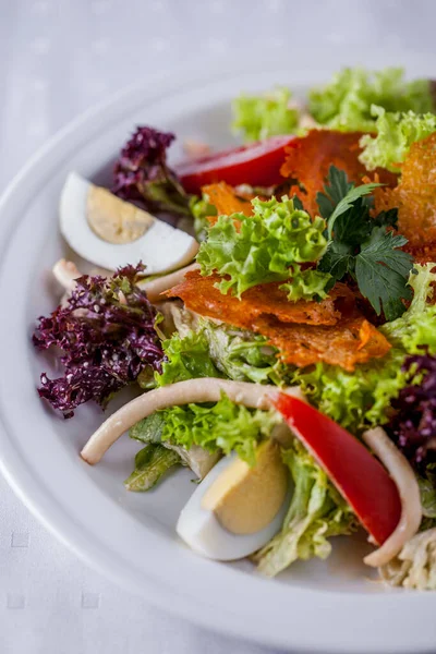 Salade Met Inktvis Tomaten Sla Arugula Een Bord Een Lichte — Stockfoto