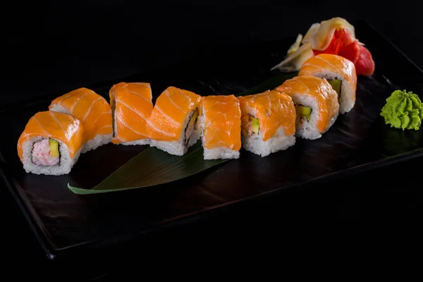 Rolls Salmon Avocado Minced Fish Plate Wasabi Pickled Ginger Black —  Fotos de Stock