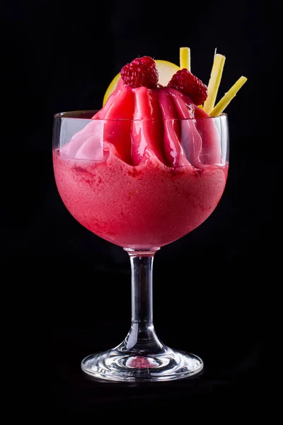 Ice Cream Raspberry Jam Raspberries Glass Dark Background Vertical Orientation —  Fotos de Stock