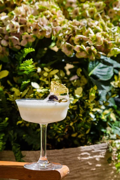 A cocktail with dried pineapple, foam and cherries on a skewer in a glass that stands on a chair against the background of green spaces