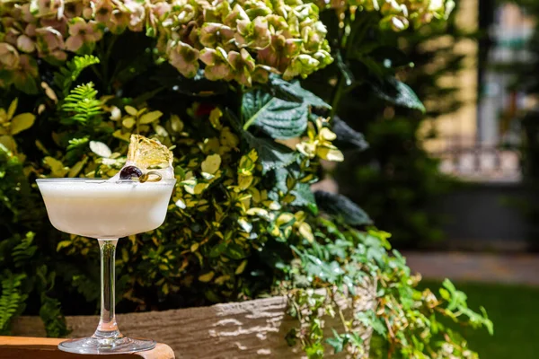 A cocktail with dried pineapple, foam and cherries on a skewer in a glass that stands on a chair against the background of green spaces