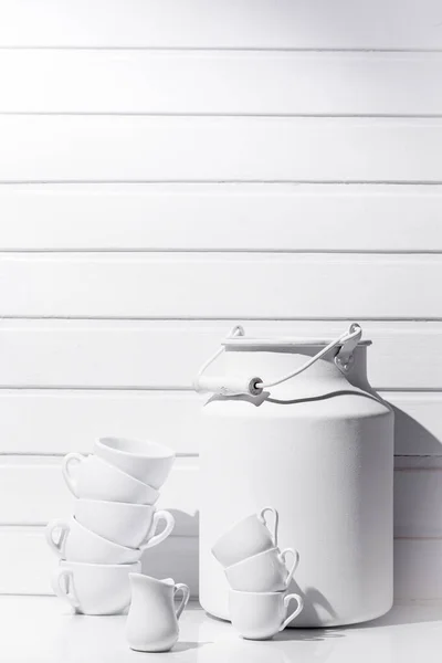Coffee Tea Cups Standing Top Each Other Cream Jug Milk — Foto Stock