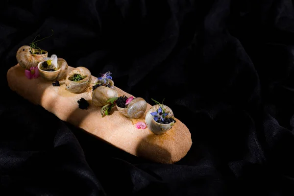Snails Parmesan Cheese Baked Oven Piece Salt Top Black Caviar — Stockfoto