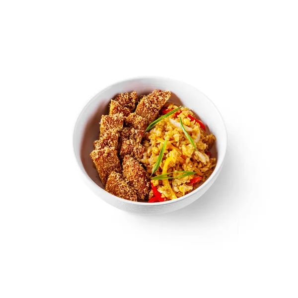 Rice Peppers Onions Meat Breading Plate White Background — 图库照片