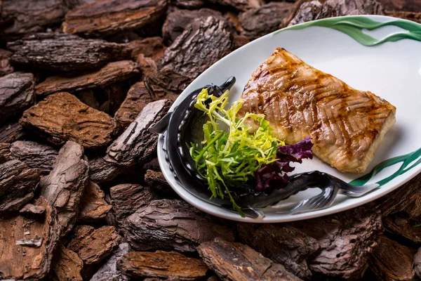 Sturgeon Fillet Frieze Salad White Oval Plate Lying Large Pieces —  Fotos de Stock