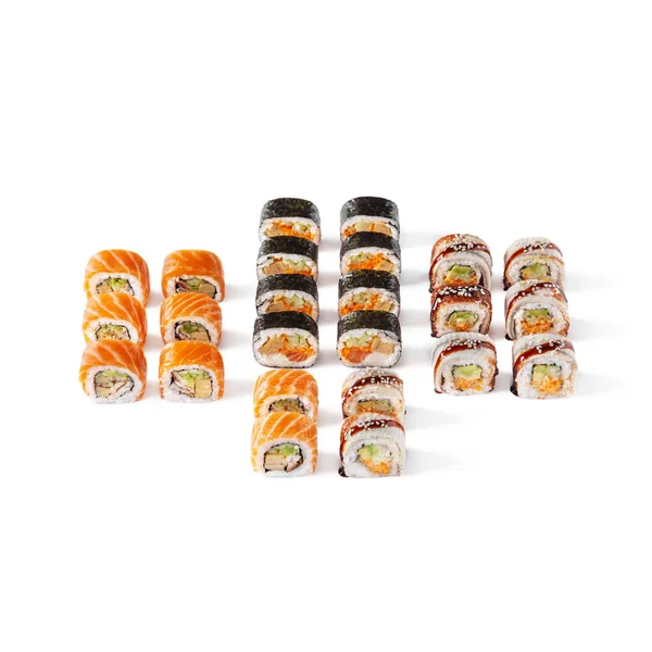 Assorted Different Rolls Salmon Shrimps Sesame Seeds Eel Avocado Tobiko — Zdjęcie stockowe