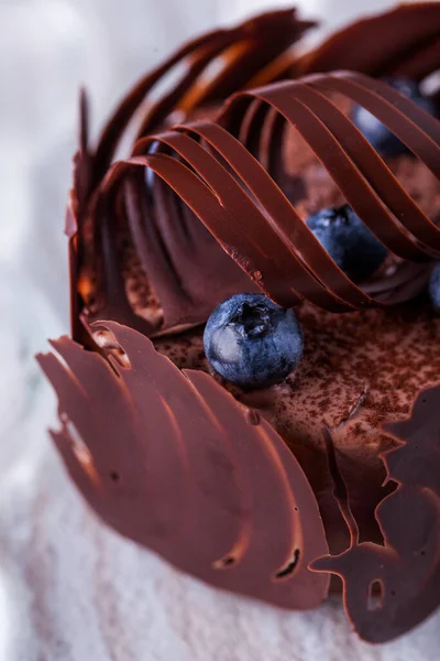 Chocolate Fondant Chocolate Leaves Blueberries White Plate Vertical Orientation — Stock fotografie
