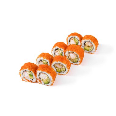 Rolls with shrimps, Philadelphia cheese, cucumber, tobiko caviar and avocado on a white background