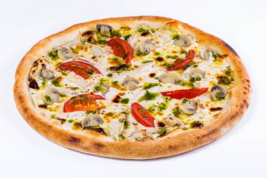 Pizza with cheese, tomatoes, chicken and mushrooms on a white background