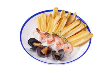 Mussels in shells, french fries, shrimps, pea sprouts and white sauce in a plate on a white background