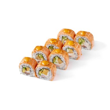 Warm rolls with salmon, avocado, Philadelphia cheese, tuna, sauce and cucumber on a white background