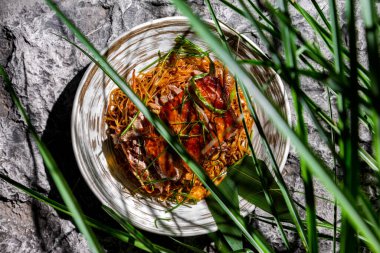 Fried and sliced chicken breast with Korean carrots, green onions, bacon, fried onions and spaghetti in a plate against a background of green grass