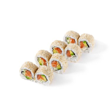 Rolls with salmon, avocado, sesame and cucumber on a white background