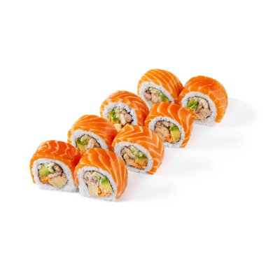 Rolls with salmon, avocado, eel, tobiko caviar, sauce and cucumber on a white background