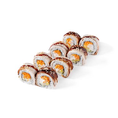 Rolls with eel, Philadelphia cheese, sesame seeds, tobiko caviar, sauce and cucumber on a white background