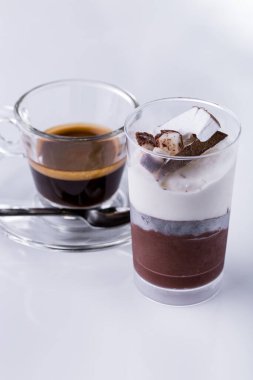 Chocolate and vanilla ice cream in glasses with chocolate pieces on a light background. Vertical orientation