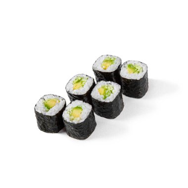 Rolls with avocado and cucumber on a white background