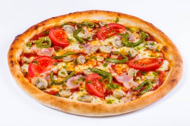 Pizza with tomatoes, cheese, green pepper, mushrooms, bacon and sauce on a white background