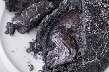 Dorado üzerine gri tuz, limon, kiraz domatesleri ve beyaz bir tabakta salata. Yatay yönelim