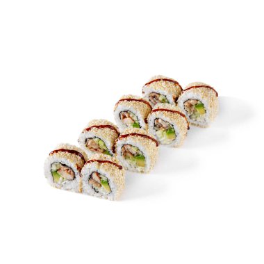 Rolls with eel, avocado, Philadelphia cheese, sesame seeds, sauce and cucumber on a white background