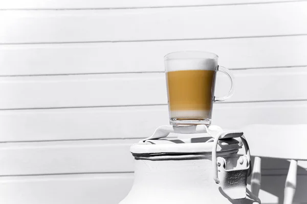 Glass Cappuccino Froth White Can White Chair Background White Wooden — Stock Fotó