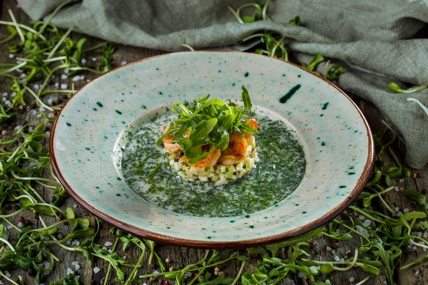 Salad Shrimps Cucumber Boiled Egg White Sauce Parsley Arugula Plate — Stock Fotó
