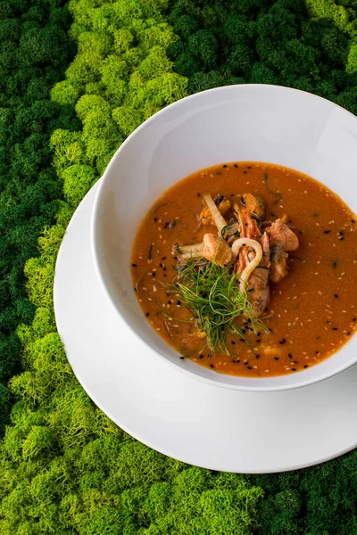 Zarzuela çorbası, bitki, susam tohumu, et ve karides ile yeşil arka planda bir tabakta