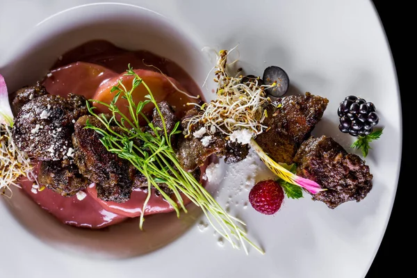 Grilled Foie Gras Pineapple Cherry Sauce Microgreen Sprouts Wheat Onion — Stockfoto