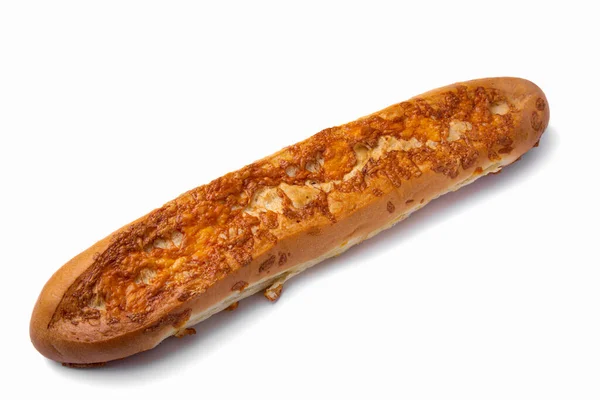 Fransk Baguette Gjord Vetemjöl Med Bakad Ost Ovanpå Vit Bakgrund — Stockfoto