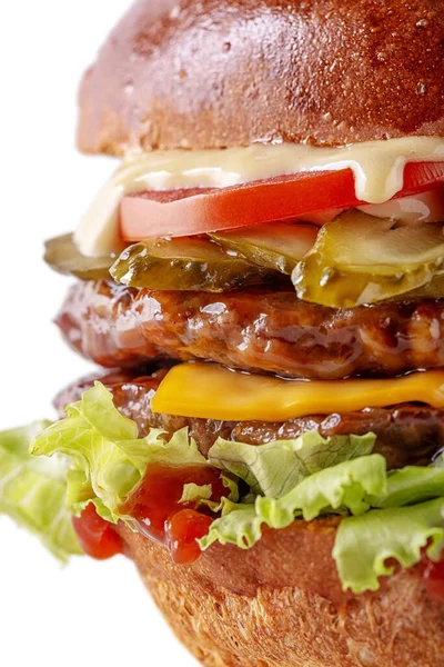 Double Hamburger Sauce Pork Cutlet Lettuce Tomatoes Cheese Pickles Ketchup — Stock Photo, Image